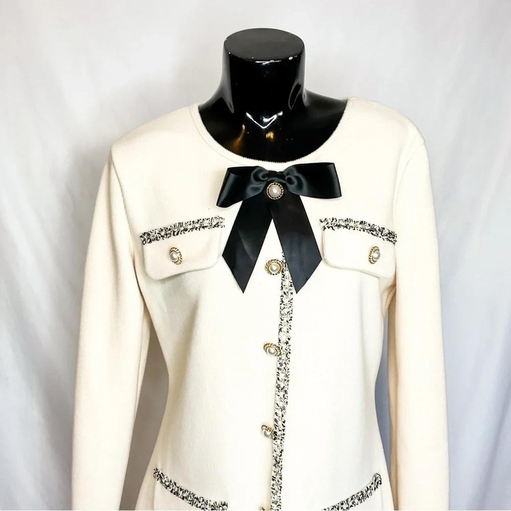 Elegant Cream Dress with Black Bow & pearl details - Picture 1 of 11